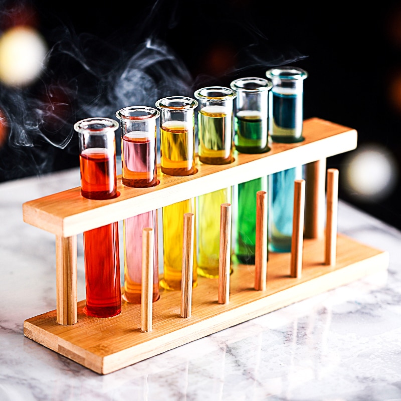 6 Test Tube Shot Glasses with Wooden Rack