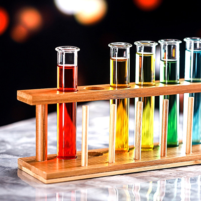 6 Test Tube Shot Glasses with Wooden Rack