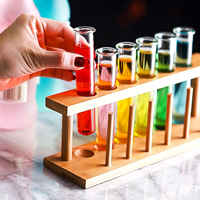 6 Test Tube Shot Glasses with Wooden Rack