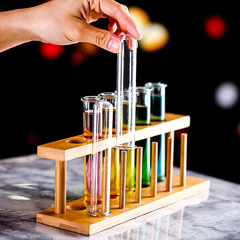 6 Test Tube Shot Glasses with Wooden Rack