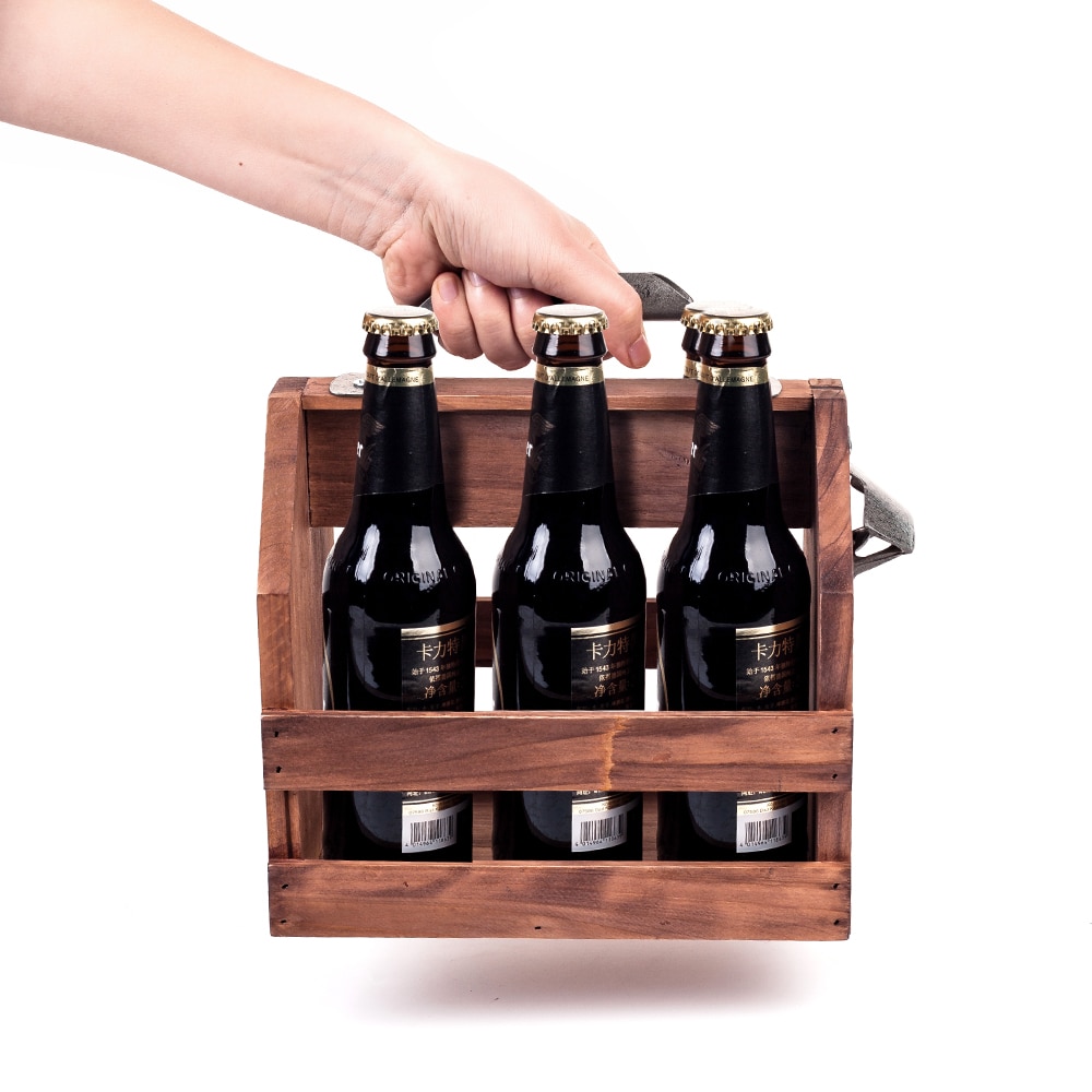 Mealivos Wooden Bottle Caddy, 6-Pack Beer Carrier with Built-In Metal Bottle Opener