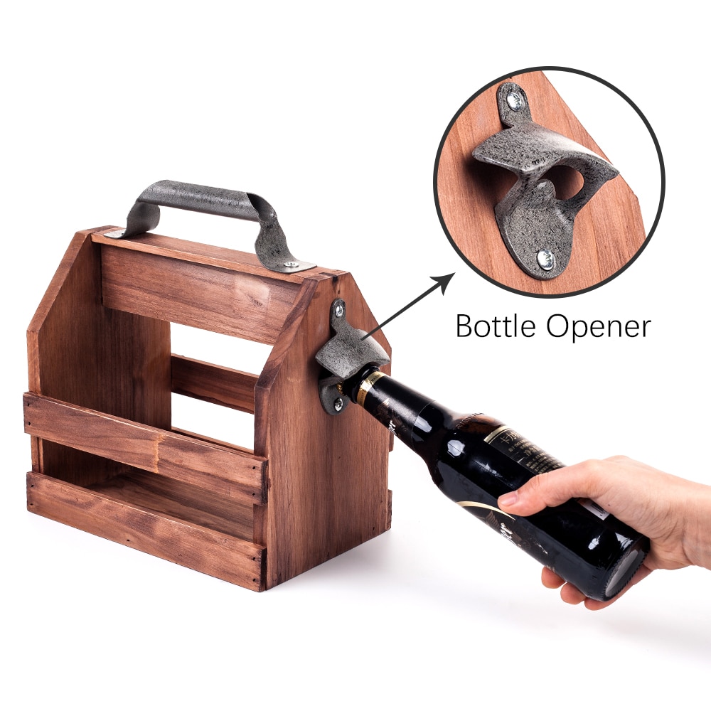 Mealivos Wooden Bottle Caddy, 6-Pack Beer Carrier with Built-In Metal Bottle Opener