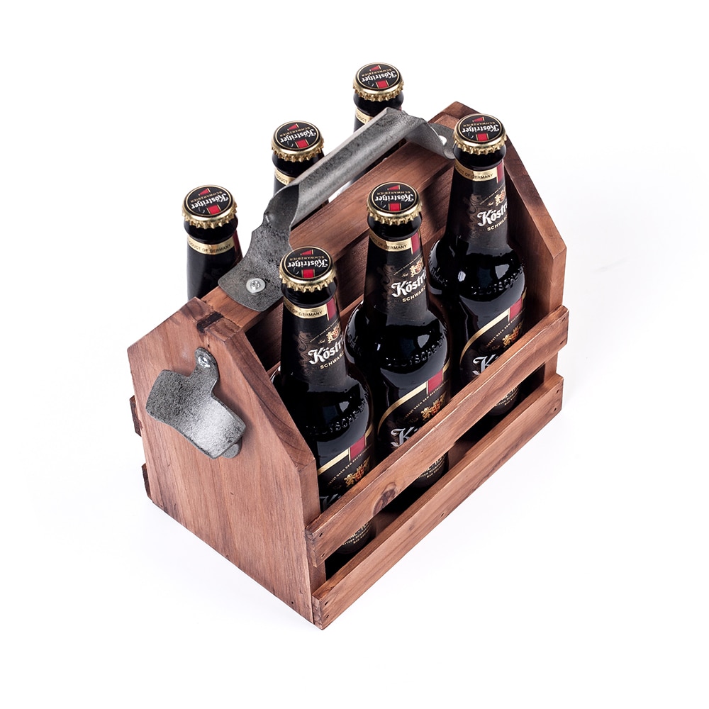 Mealivos Wooden Bottle Caddy, 6-Pack Beer Carrier with Built-In Metal Bottle Opener