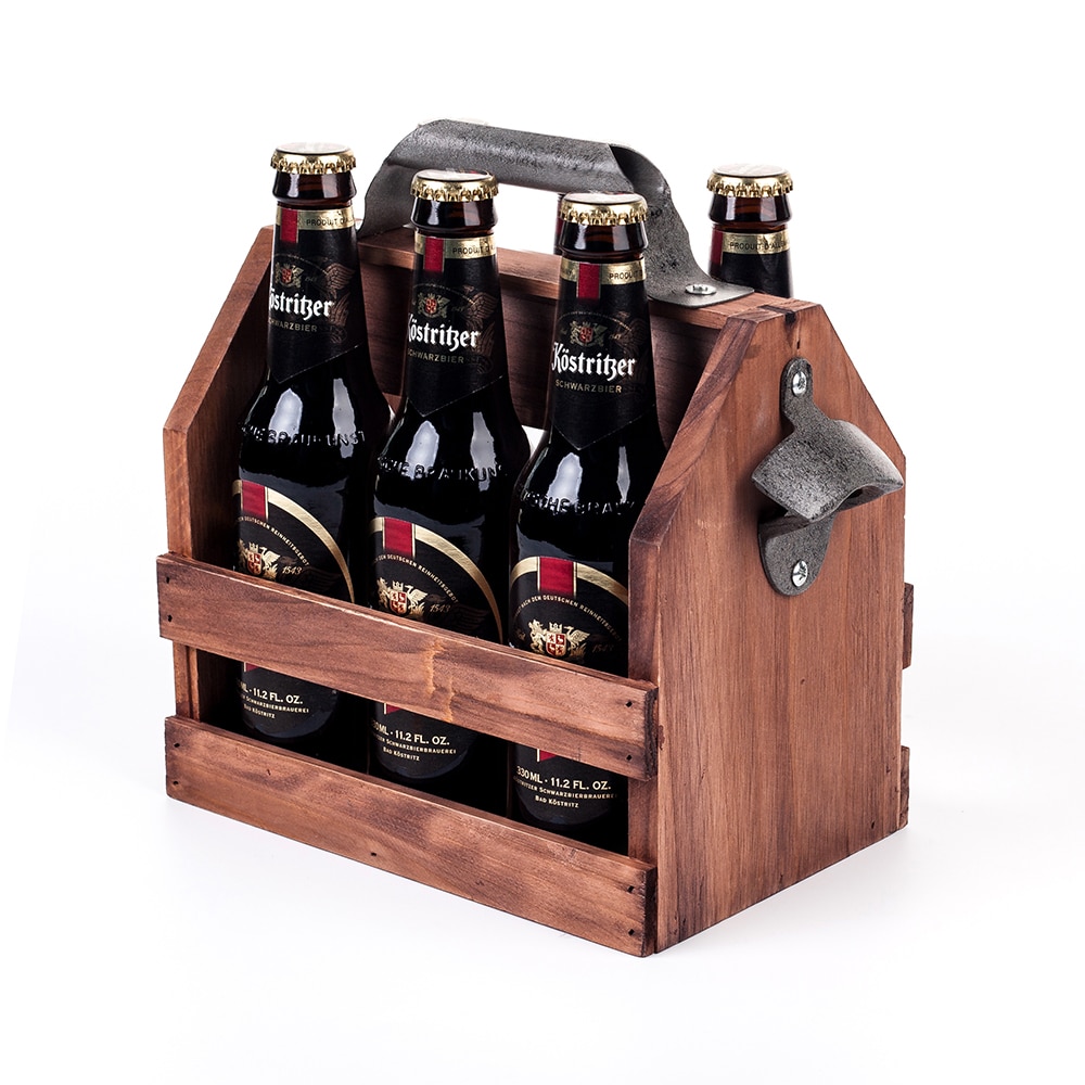 Mealivos Wooden Bottle Caddy, 6-Pack Beer Carrier with Built-In Metal Bottle Opener