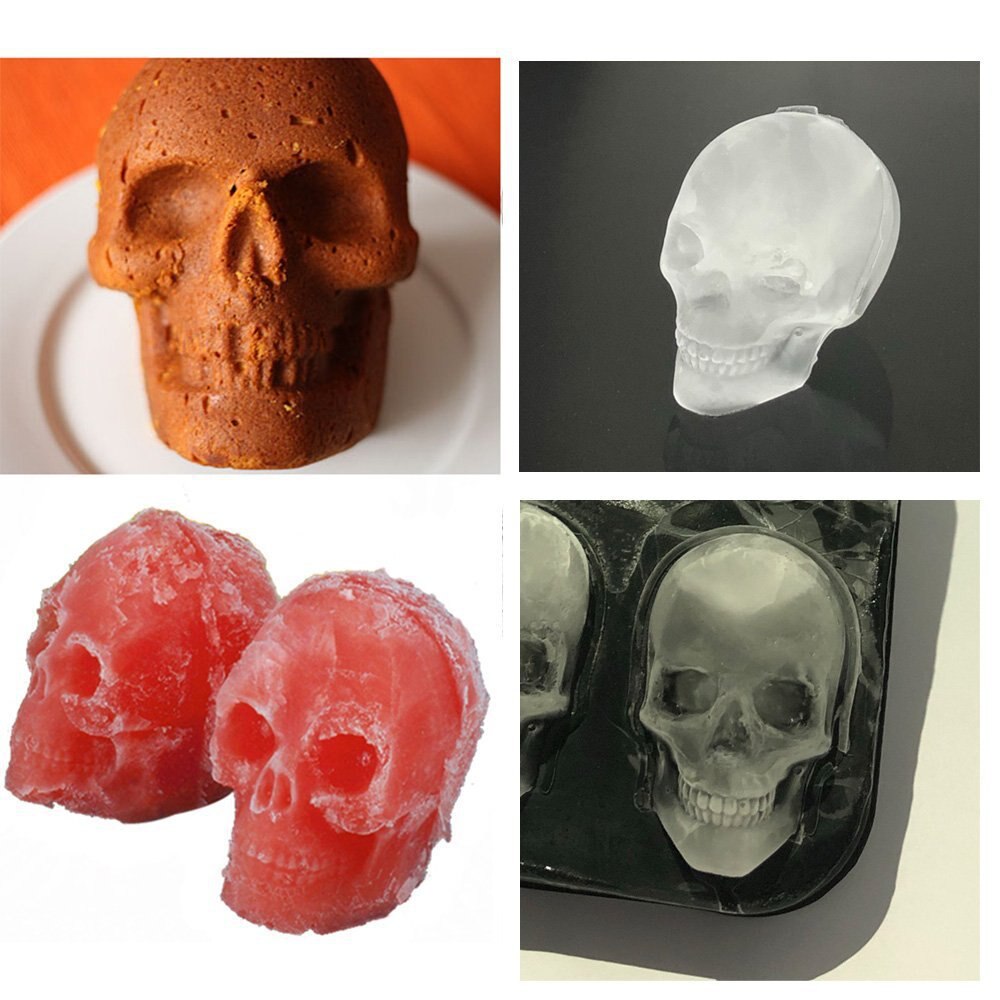 1PC Ghost head skull ice cube maker ice tray Silicone Rubber Ice cream mould ice making tools grid four-in-line ice-shaped