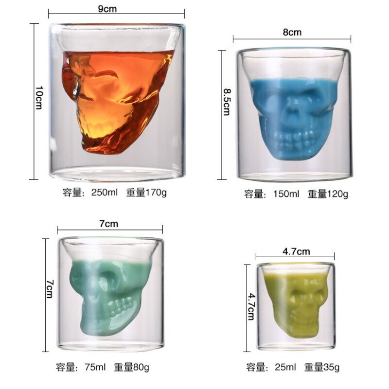 Double-layered Transparent Skull Head Coffee Mug Crystal Glass Cup for Home Bar Club Whiskey Wine Vodka and Beer Wine Glass