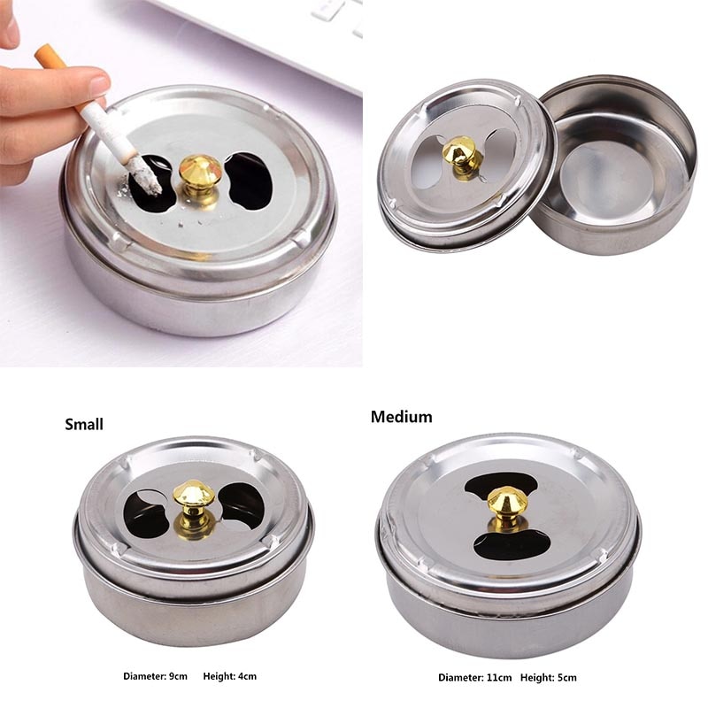 Round Spinning Ashtray With Cover Smoking Accessories Portable Stainless Steel Ashtray Lid Rotation Fully Enclosed Home Gadgets