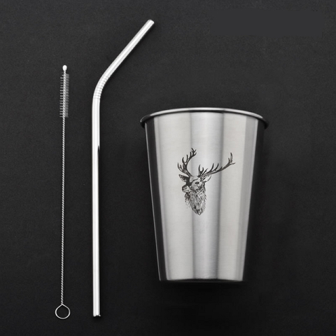 Stainless Steel Drinking Glass Cup with Straw