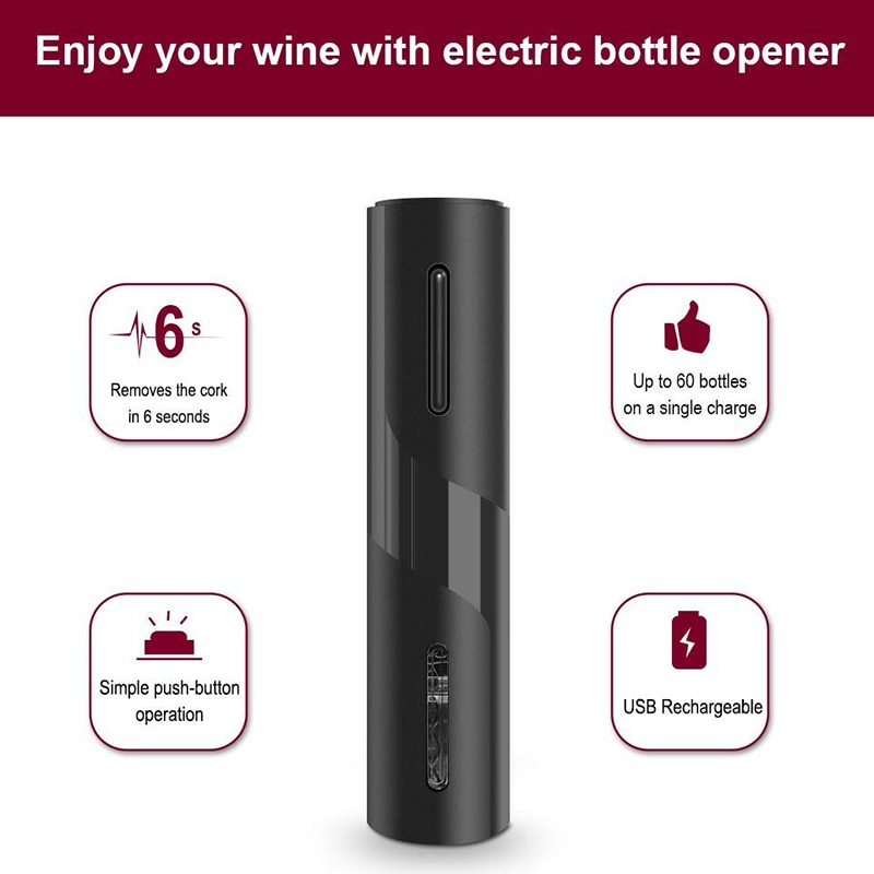 Electric Wine Opener Rechargeable Automatic Corkscrew Wine Bottle Opener with Foil Cutter & USB Charging Cable, Suit for Home Us