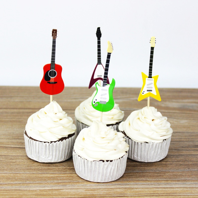 24PCS Guitar Shaped Cupcake Toppers For Kids Birthday Cake Decor Paper Cake Topper Music Theme Party Supplies