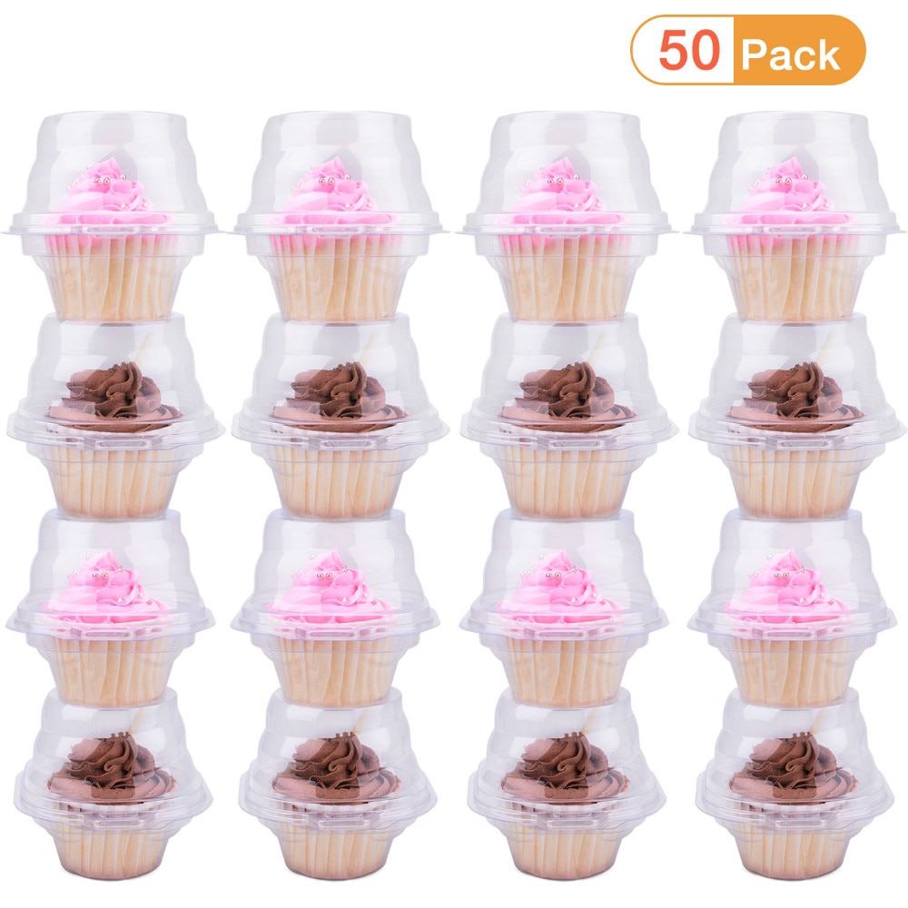 50pcs Individual Cupcake Holder Clear Plastic Dome Single Cupcake Carrier Muffin Container Holders Cases Boxes Cups