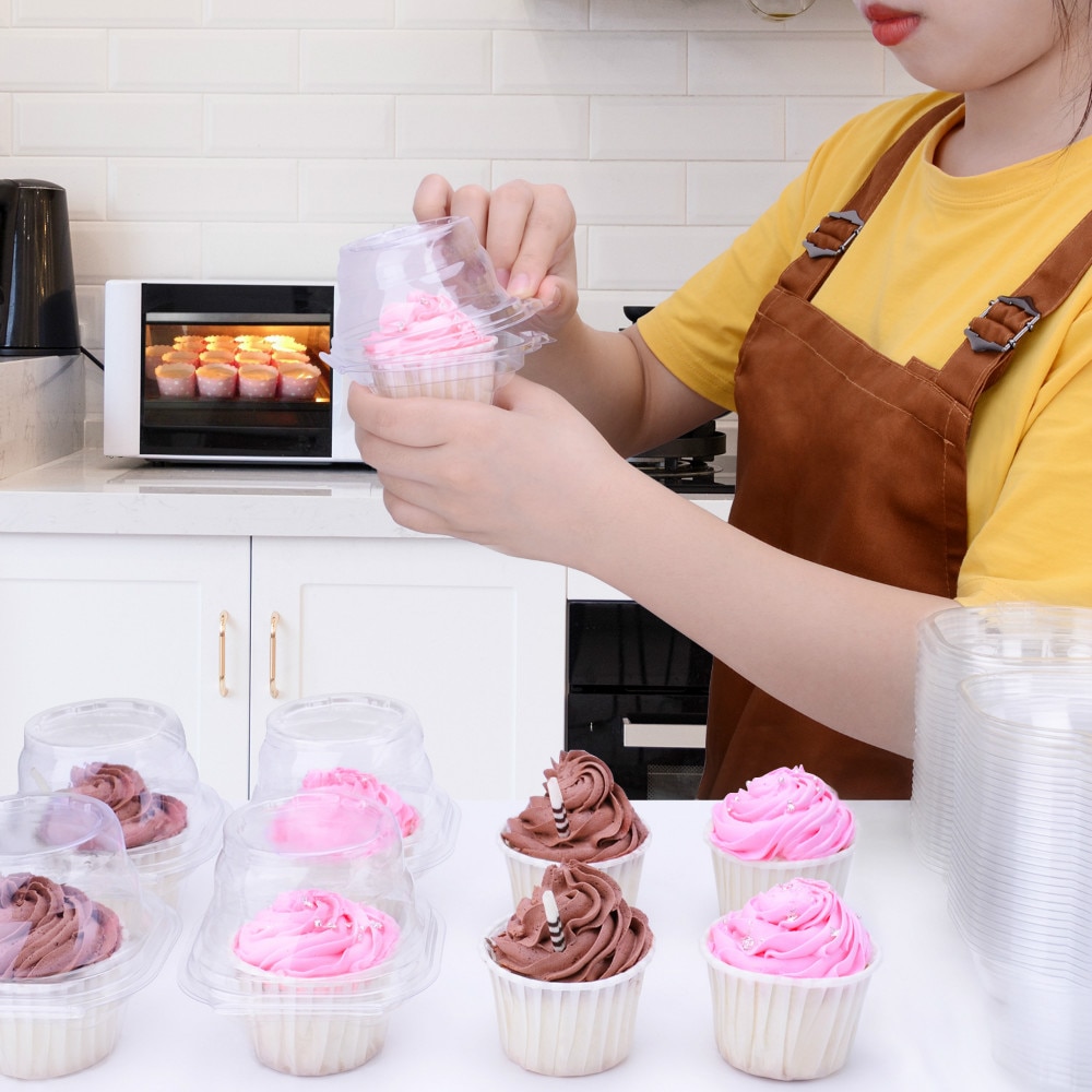 50pcs Individual Cupcake Holder Clear Plastic Dome Single Cupcake Carrier Muffin Container Holders Cases Boxes Cups