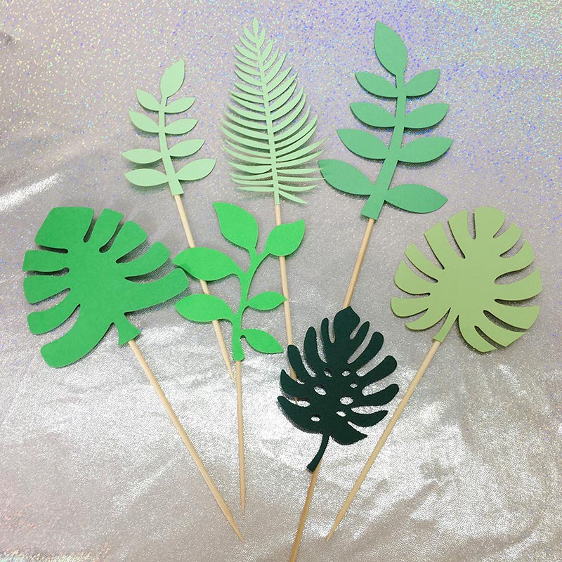 7Pcs Cake Decoration Tools Tropical Style Cake Topper Flags Wedding Birthday Party Supplies Green Leaf Shape Cake Insert Card