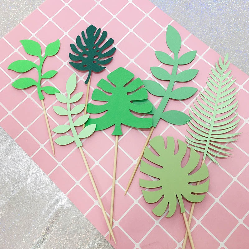 7Pcs Cake Decoration Tools Tropical Style Cake Topper Flags Wedding Birthday Party Supplies Green Leaf Shape Cake Insert Card