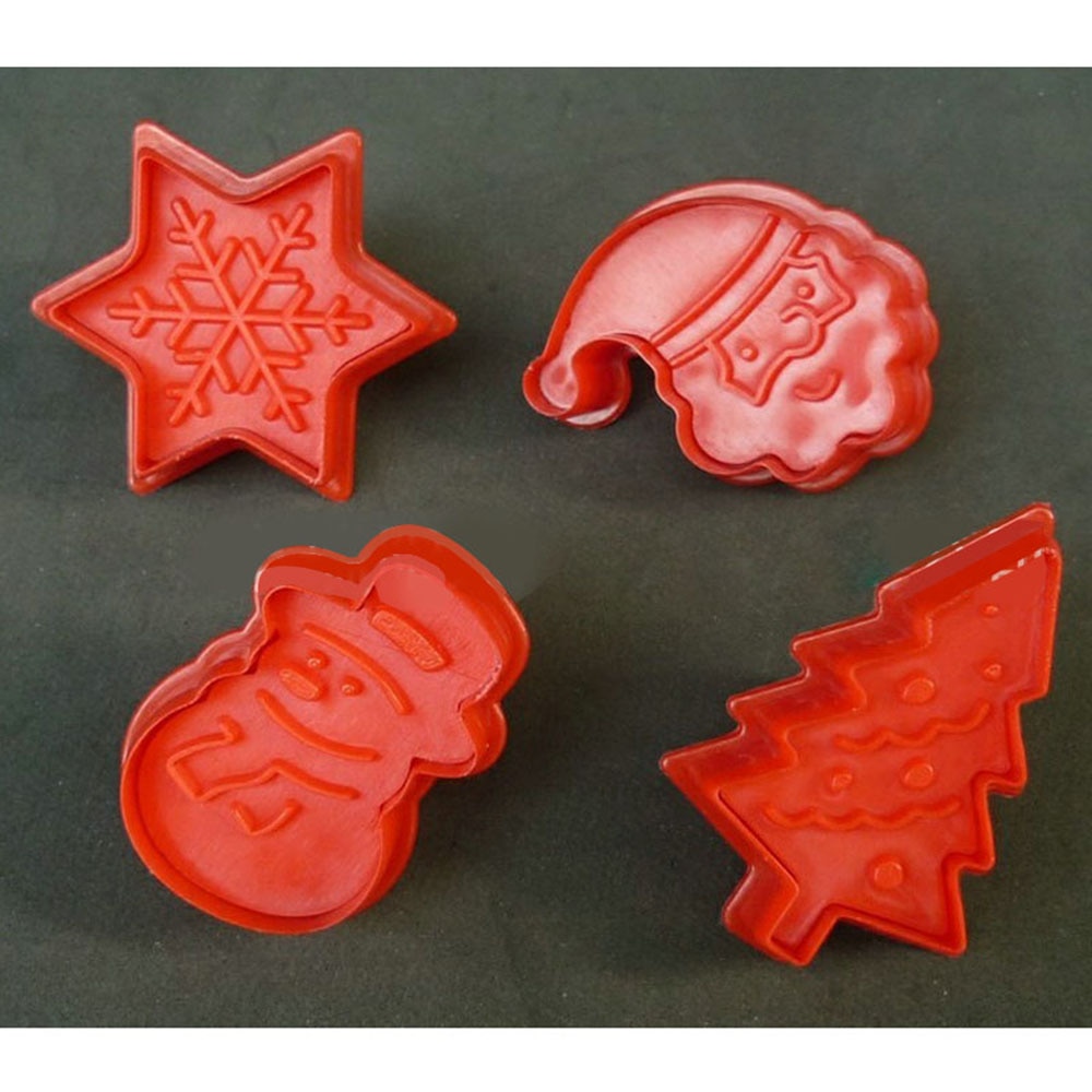 4Pcs DIY Christmas Tree Snowman Plastic Baking Mold Kitchen Biscuit Cookie Cutter Pastry Plunger Fondant Cake Decorating Tools