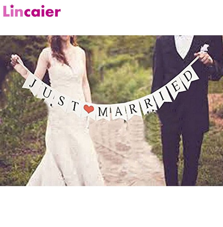 Lincaier White Just Married Wedding Car Decoration Party Paper Banner Bunting Home Decor Garland Supplies Heart Material