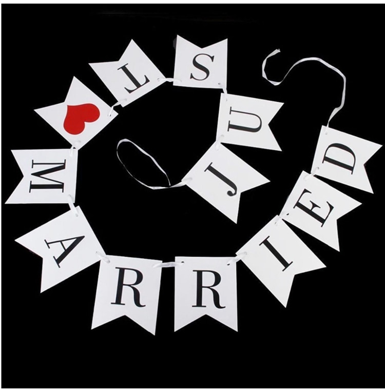 Lincaier White Just Married Wedding Car Decoration Party Paper Banner Bunting Home Decor Garland Supplies Heart Material